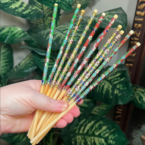 Vintage Chinese Cloisonné Enamel Chopsticks Lot + Bonus Plastic Chopsticks - Picture 1 of 13